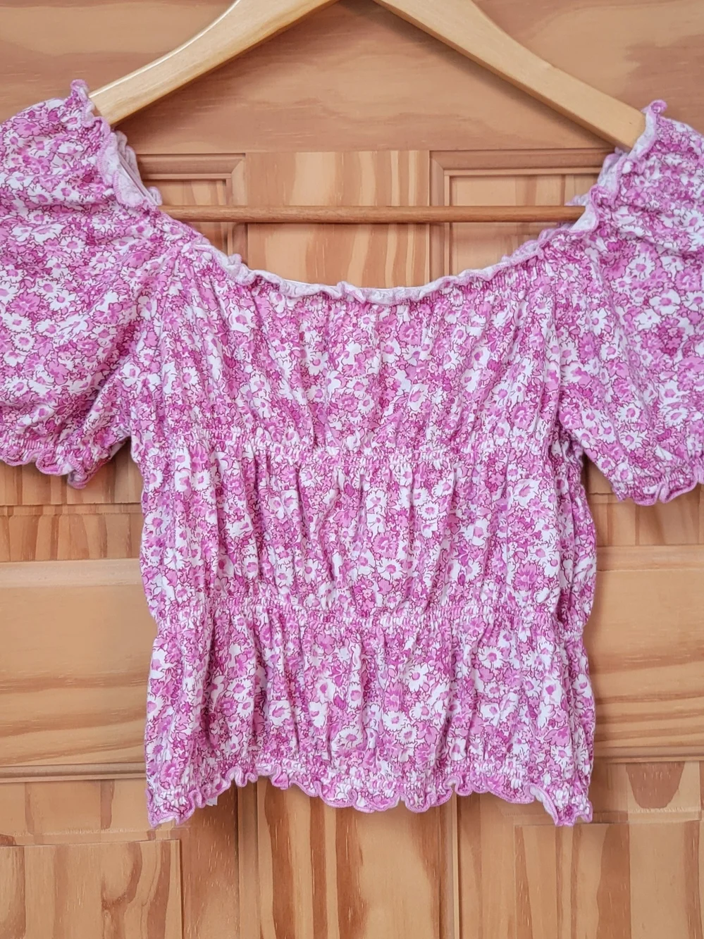 GAP Kids Pink Floral Smocked Off-Shoulder Crop Top - Size L